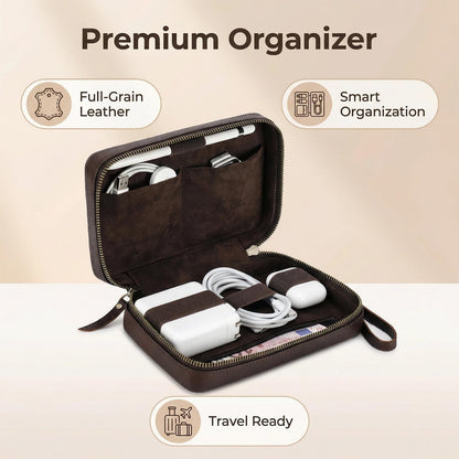 Caja de almacenamiento de accesorios electrónicos de cuero de grano completo, bolsa organizadora de cables de viaje, estuche enrollable con cremalleras, organizador técnico de cuero para banco