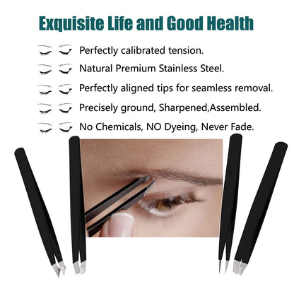 [4+1 piezas] Juego de pinzas con estuche de viaje, pinzas de aleación antioxidante profesionales de gran precisión para mujeres y hombres, multiusos como cejas y depilación facial encarnada