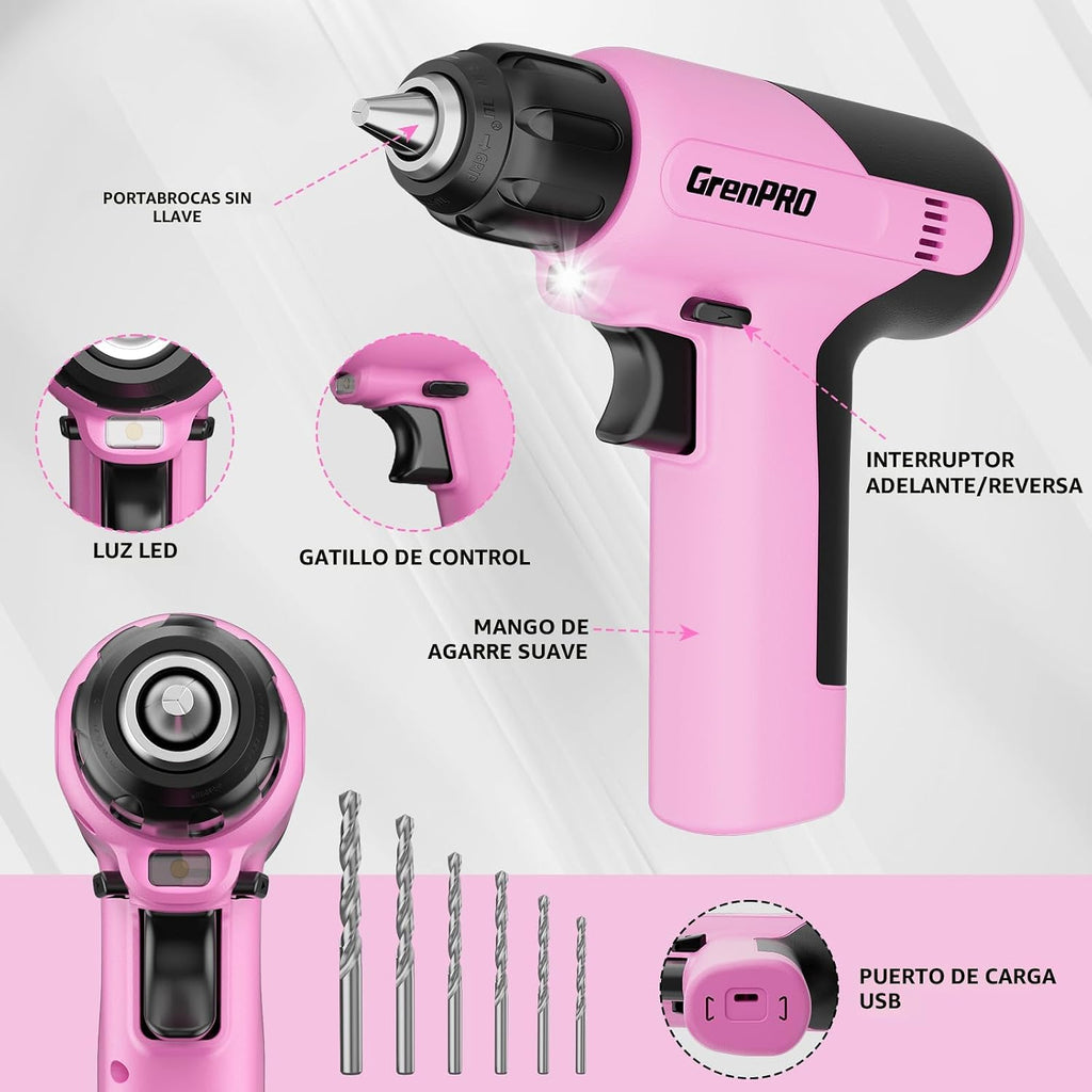 GRENPRO Juego de herramientas rosa, juego de taladro, 188 piezas de...