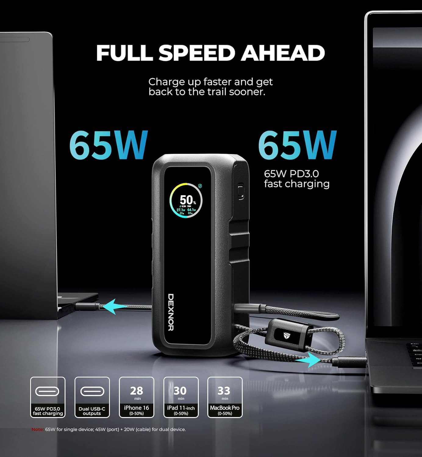 Dexnor Banco de energía 3 en 1, batería de 15,000 mAh con salida de 65 W, enchufe de CA plegable, cable de mango USB integrado, compatible con carga rápida PD3.0 y PPS, cargador portátil elegante para