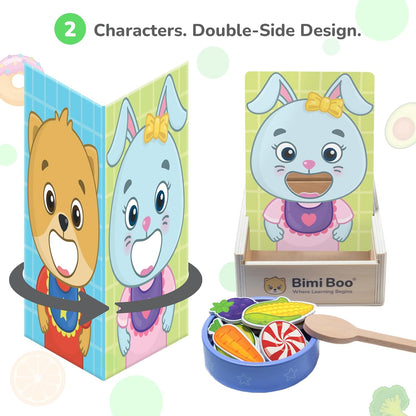 Bimi Boo Juguetes de alimentación de madera - Juguetes Montessori de cuchara para niños pequeños de 1 a 4 años - Juego de alimentos de simulación de habilidades motoras finas para niños (27 alimentos