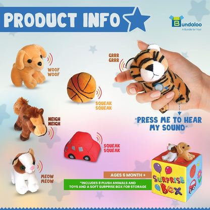 Bundaloo Caja misteriosa sorpresa con 8 juguetes de peluche de alta calidad, juego sensorial suave con sonidos de prensa para escuchar, varios peluches, animales de peluche, vehículos, pelotas para