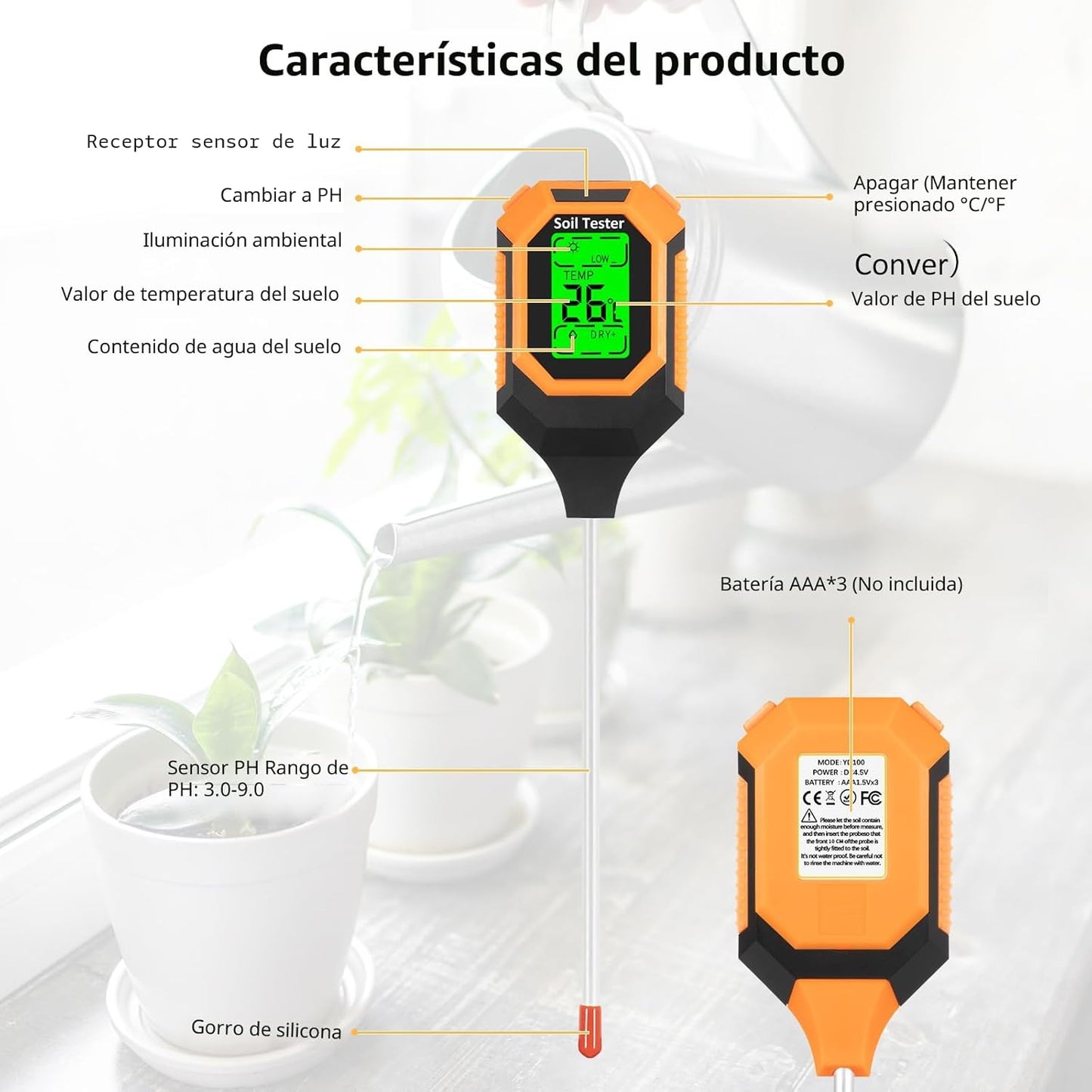 Medidor de Humedad del Suelo 4 en 1 Medidor Digital de pH/Humedad del Suelo/Temperatura de la Planta/Intensidad de Luz Solar, Pantalla LCD con Retroiluminación, Medidor de Prueba de Suelo para Jardín