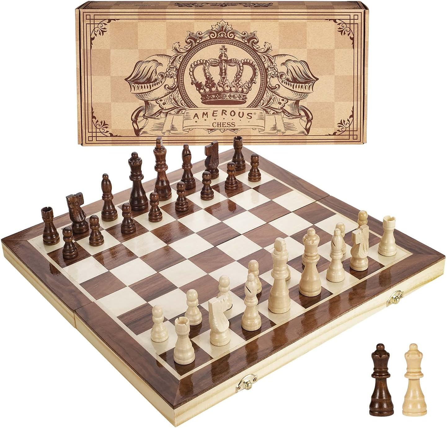 AMEROUS Juego de ajedrez magnético de madera de 15 pulgadas, 2 rein...