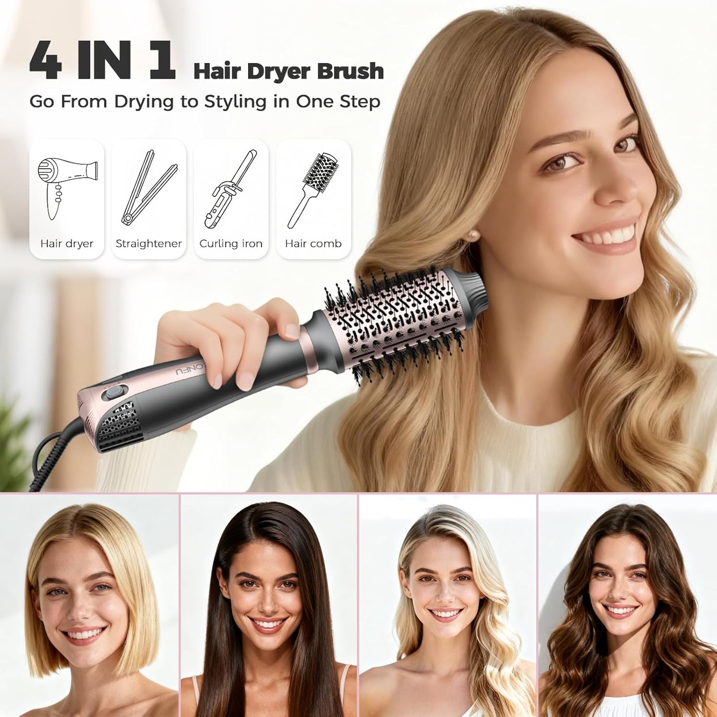 CONFU Cepillo secador de pelo, herramientas de peinado 4 en 1, secador de pelo y estilizador voluminizador con soplado antiencrespamiento de iones negativos, cepillo de aire caliente para secar