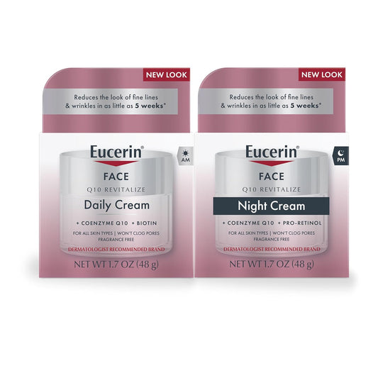 Eucerin Q10 - Set de cuidado de la piel, crema facial diaria antiarrugas con biotina (1.7 onzas) + crema de noche antiarrugas con Pro-Retinol (1.7 onzas), hidratante facial sin fragancia para todo