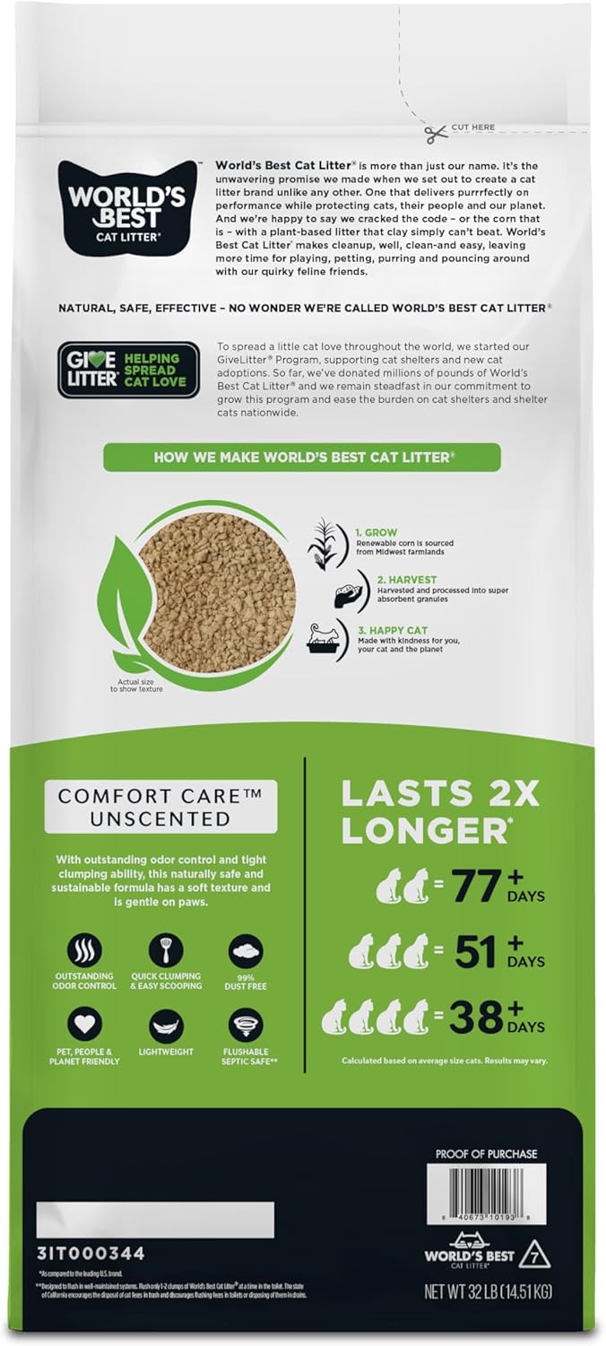 WORLD'S BEST CAT LITTER Comfort Care sin perfume, 32 libras, in...