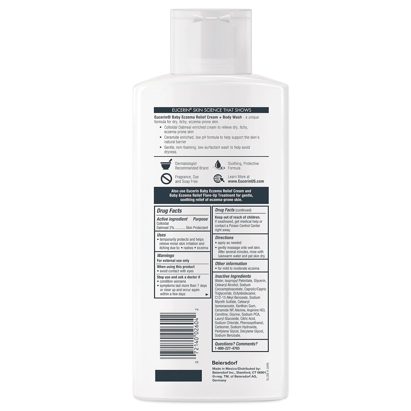Eucerin Baby, Crema de Alivio del Eccema, Jabón Corporal, Sin Fragancia - Jabón Corporal para Eccema de Bebés con Avena Coloidal, Botella de 13.5 Fl Oz