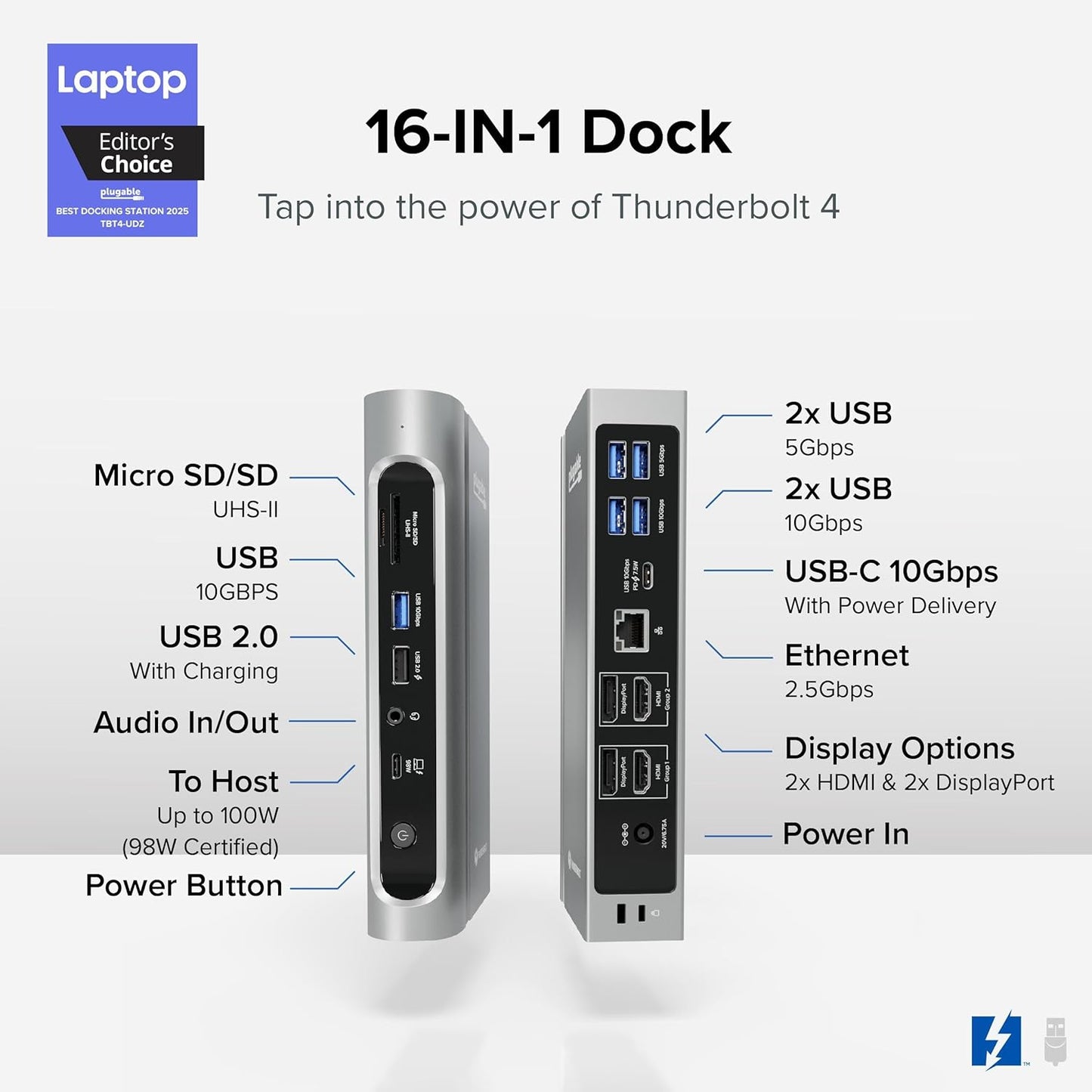 Plugable Base Thunderbolt 4 16 en 1: monitores 4K duales para MacBook Air/Pro M4/M5, carga de 100 W, 2 HDMI, 2 puertos DisplayPort, Ethernet 2.5G, 7 USB, lector de tarjetas MicroSD/SD, compatible con Windows y USB4