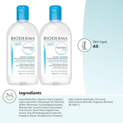 Bioderma Hydrabio DUO H2O - Limpiador de agua micelar y desmaquillante para pieles sensibles deshidratadas, 33.4 onzas líquidas