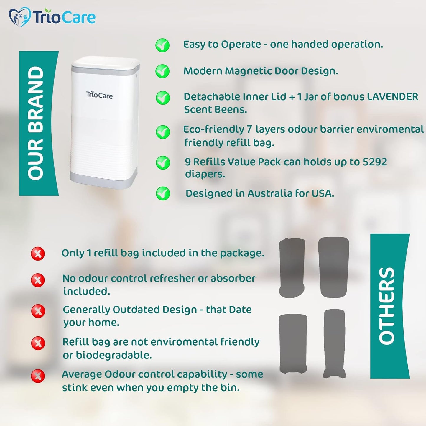 TrioCare Cubo de pañales con control de bloqueo de olor, color blan...