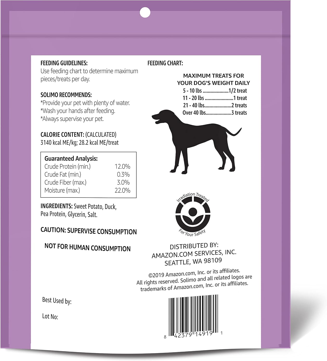 Amazon Brand - Solimo Golosinas para perros de batata y pato, 2 libras