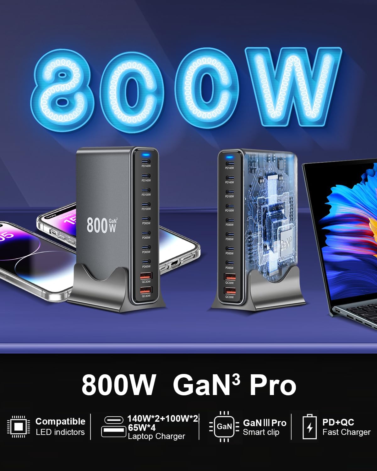 800W Bloque de Carga Rápida USB C, Estación de Carga USB de 10 Puer...