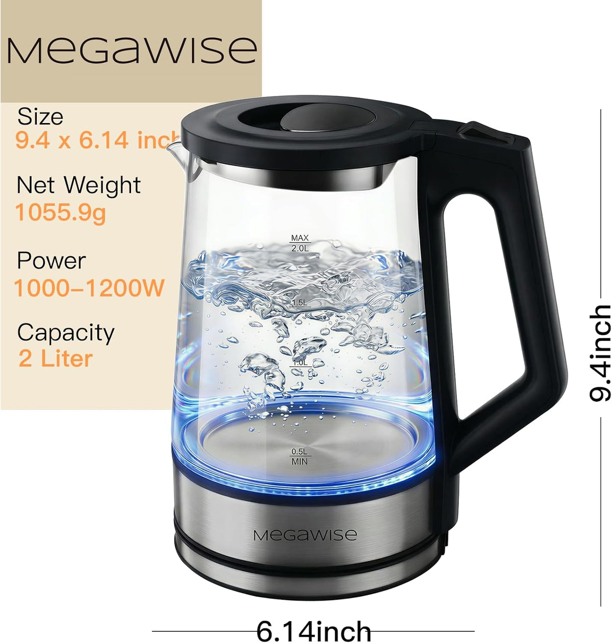 MEGAWISE 2L Hervidor eléctrico de cristal, caldera de agua de 1000W...