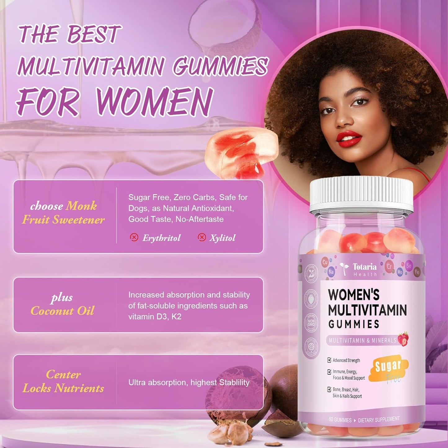 Totaria Gomitas multivitamínicas sin azúcar para mujeres mayores de...