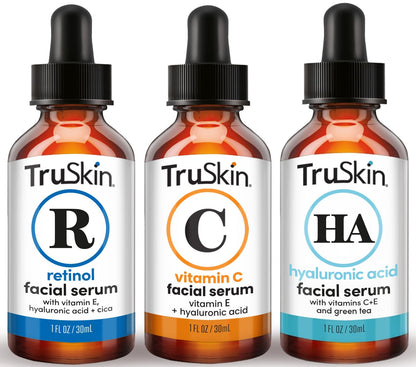 TruSkin Trío de suero facial - Ácido hialurónico, vitamina C y suero de retinol para la cara - Set de cuidado de la piel antienvejecimiento para mujeres - Cuidado de la piel para una piel brillante