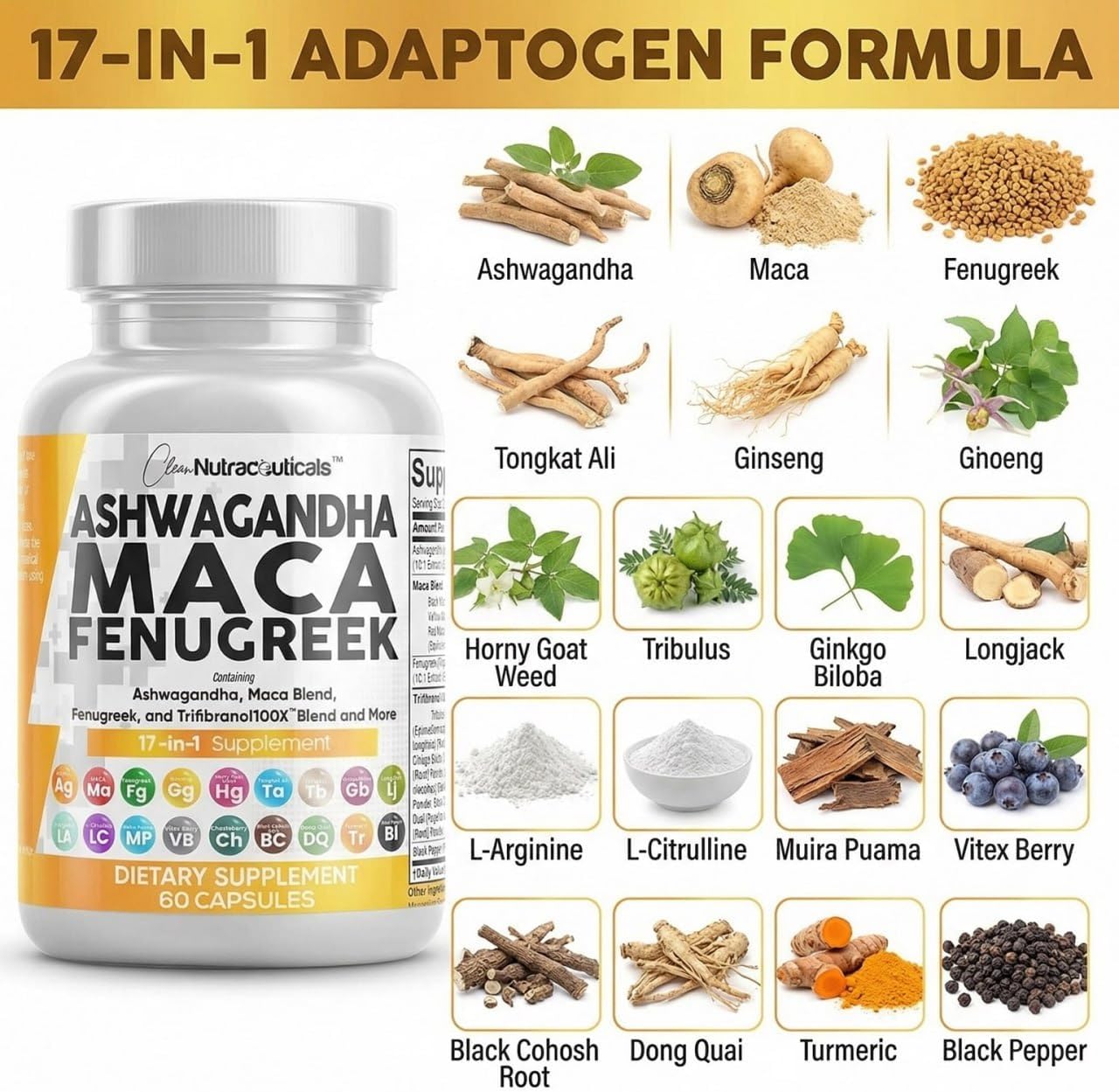 Ashwagandha 5000 mg de raíz de maca 2000 mg de fenogreco 3000 mg Su...