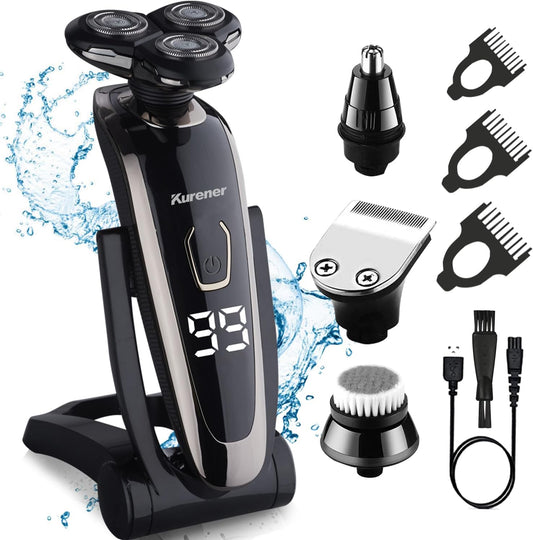 Maquinilla de afeitar eléctrica para hombre, recargable, impermeable, rotativa para afeitar, con recortadora de nariz, patillas, recortadora, cepillo de limpieza facial