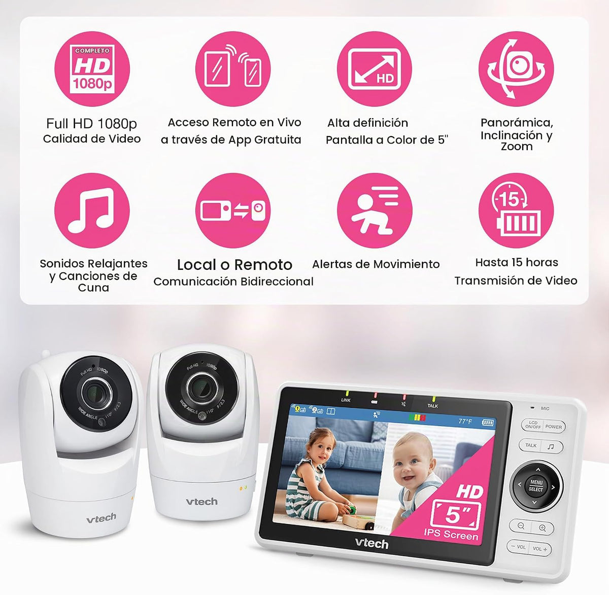 VTech Monitor de bebé WiFi inteligente de 2 cámaras con cámara FHD...