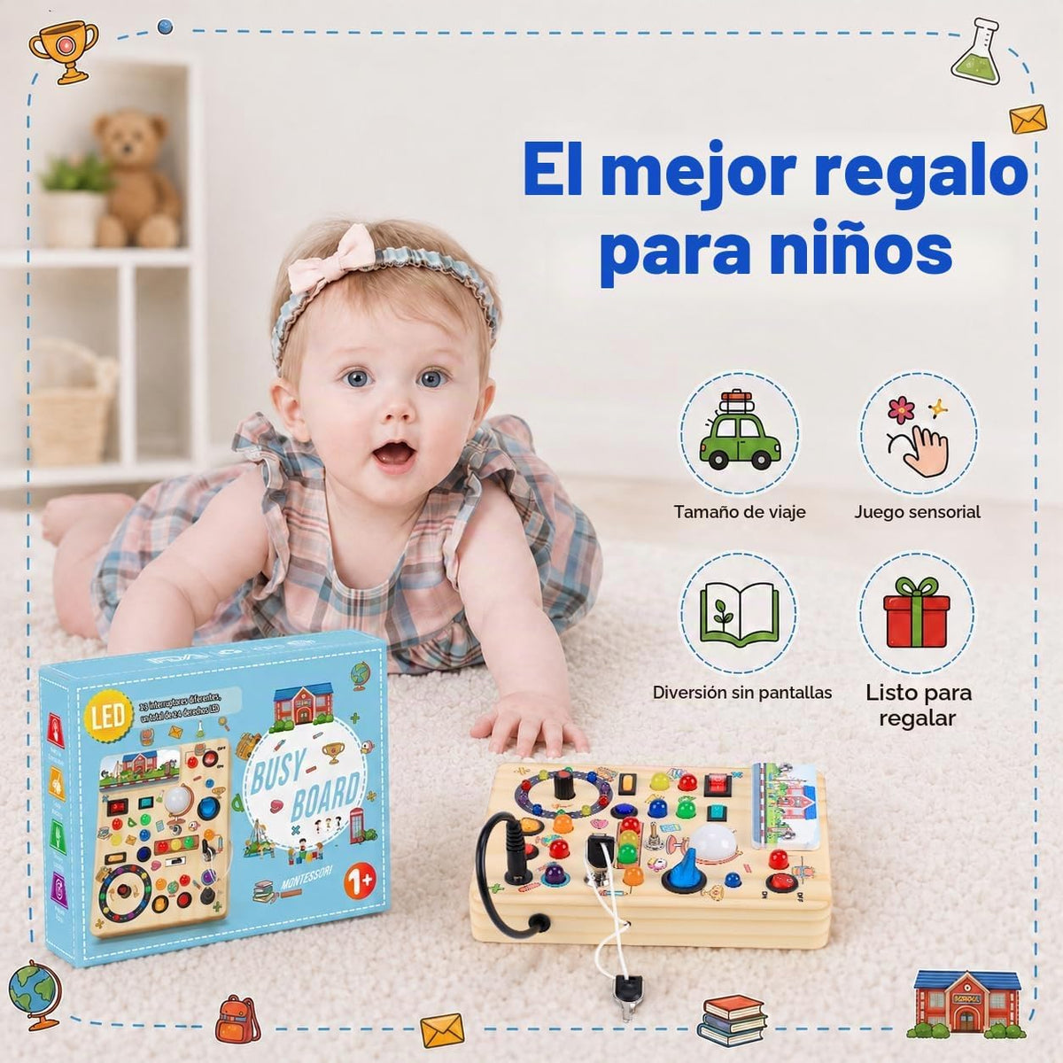 Tablero de actividades con interruptores de luz LED, juguetes Monte...