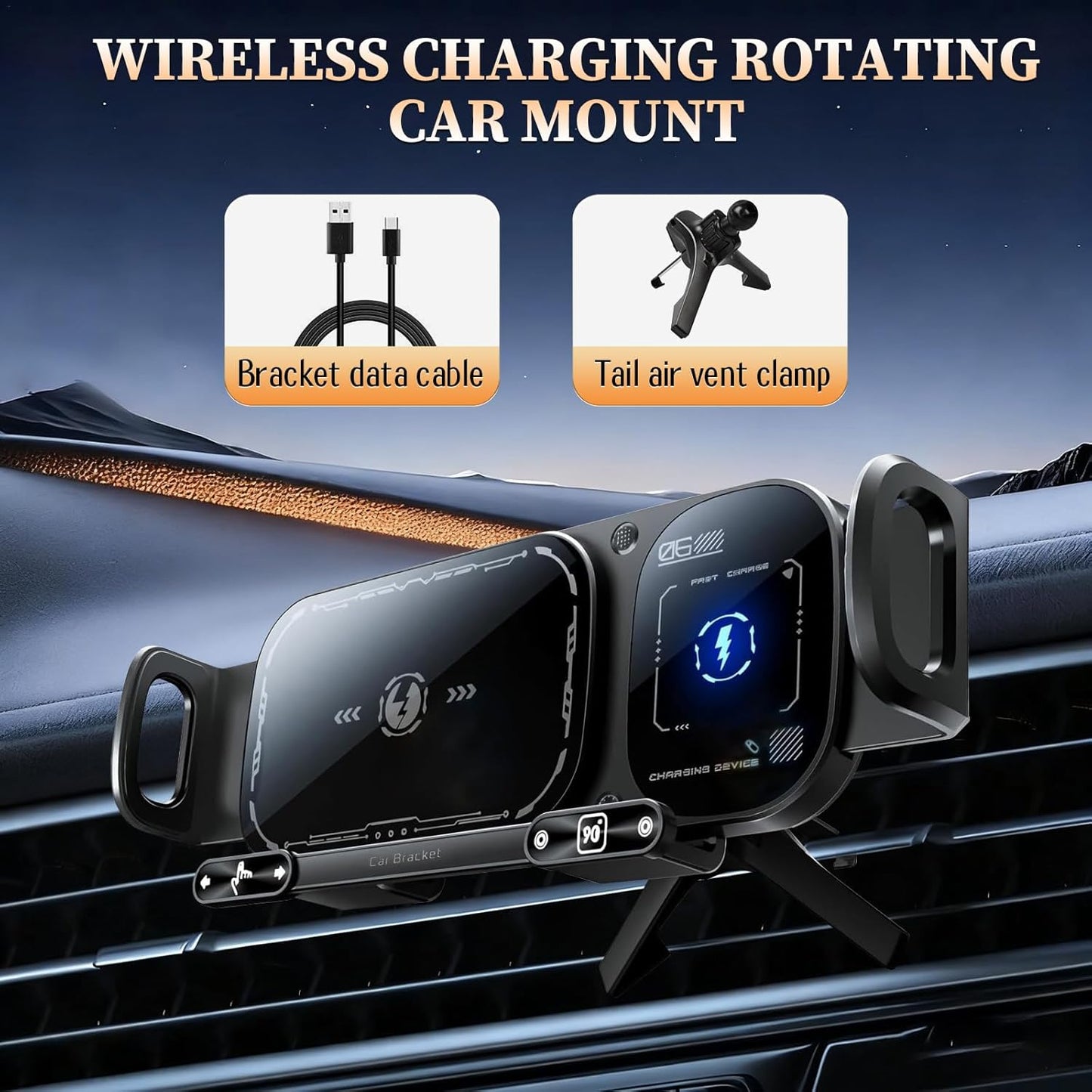 Soporte giratorio de carga inalámbrica para automóvil, soporte de teléfono giratorio automático 2 en 1, cargador de automóvil de carga rápida, rotación automática de un clic y sujeción