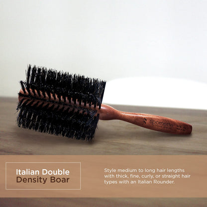 Spornette Cepillo de pelo redondo italiano de 3 pulgadas (#955-XL) – Cepillo redondo de cerdas de jabalí de doble densidad con mango de madera para secar con soplado, peinar, dar volumen, alisar y rizar cabello medio a largo