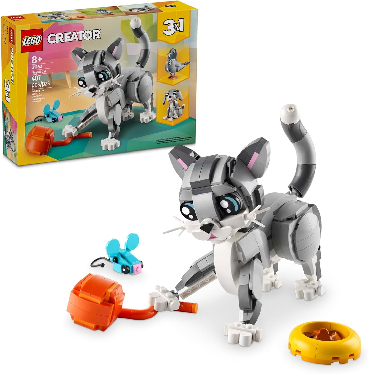 LEGO Creator 3 en 1 Juguete de Gato Juguetón - Juguete de Construcción con 3 Opciones de Construcción, Gato, Perro o Paloma - Regalo de Cumpleaños para Niños - Figuras de Animales para Niños, Niñas y