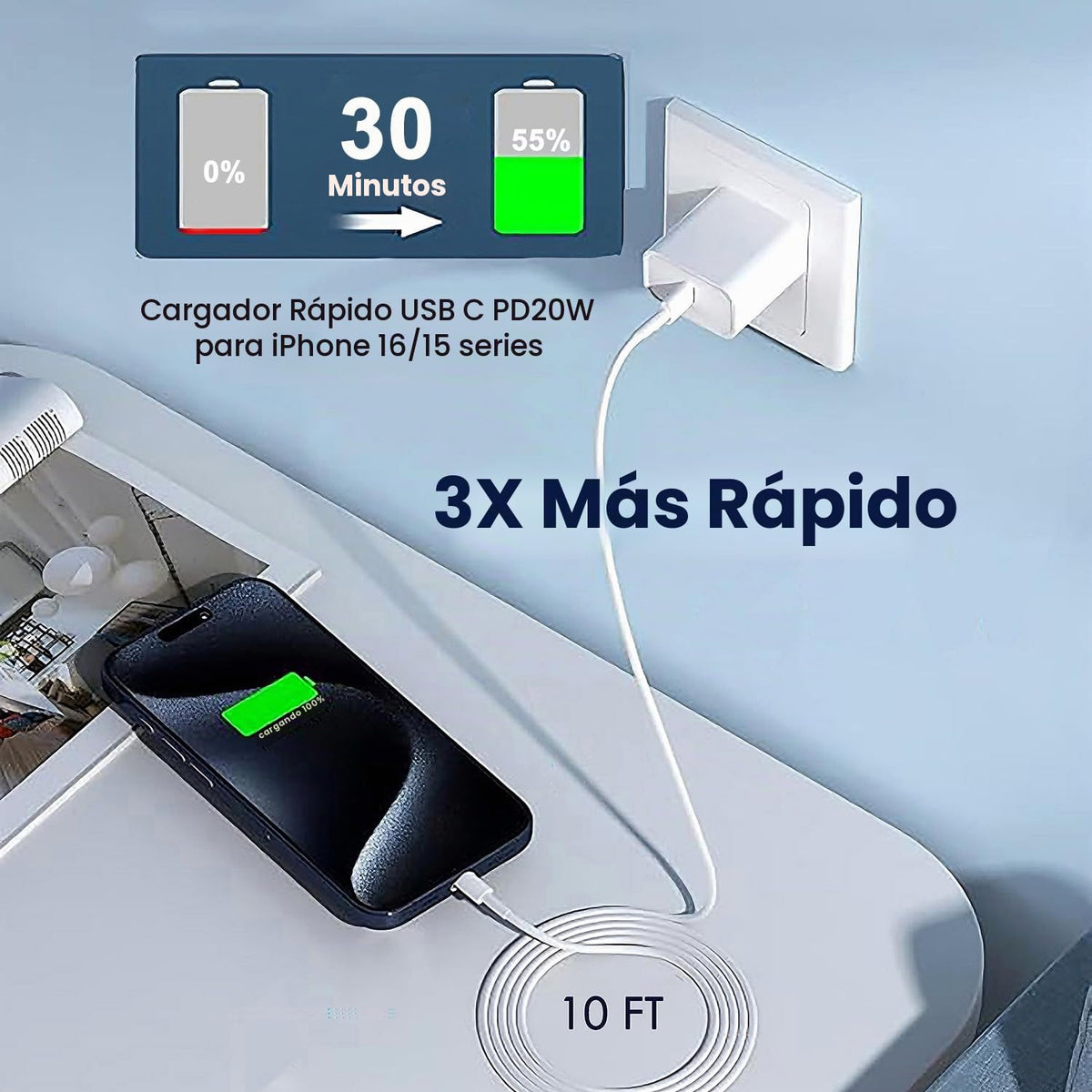 Cargador rápido para iPhone 17 16 15 de 10 pies, cargador de 20 W p...