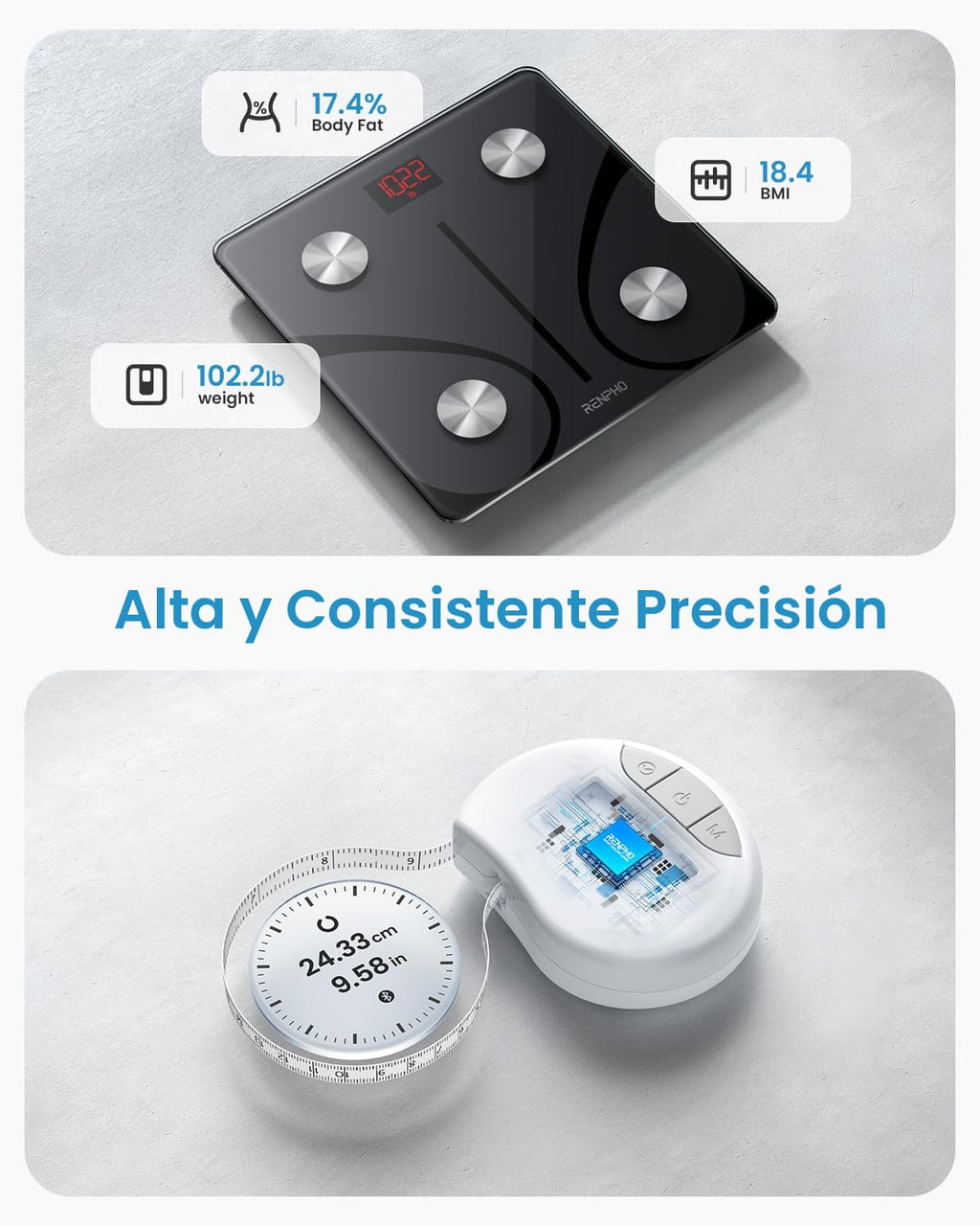 RENPHO Báscula inteligente y cinta métrica, báscula digital Bluetoo...
