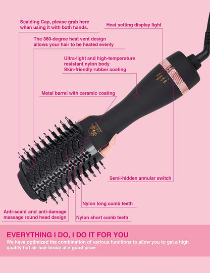 Cepillo Secador de Cabello, Cepillo Secador en Uno, Secador de Cabello Iónico y Estilizador Voluminizador 4 en 1 con Barril Ovalado de Titanio, Alisador de Aire Caliente para Peinado Suave Sin Frizz