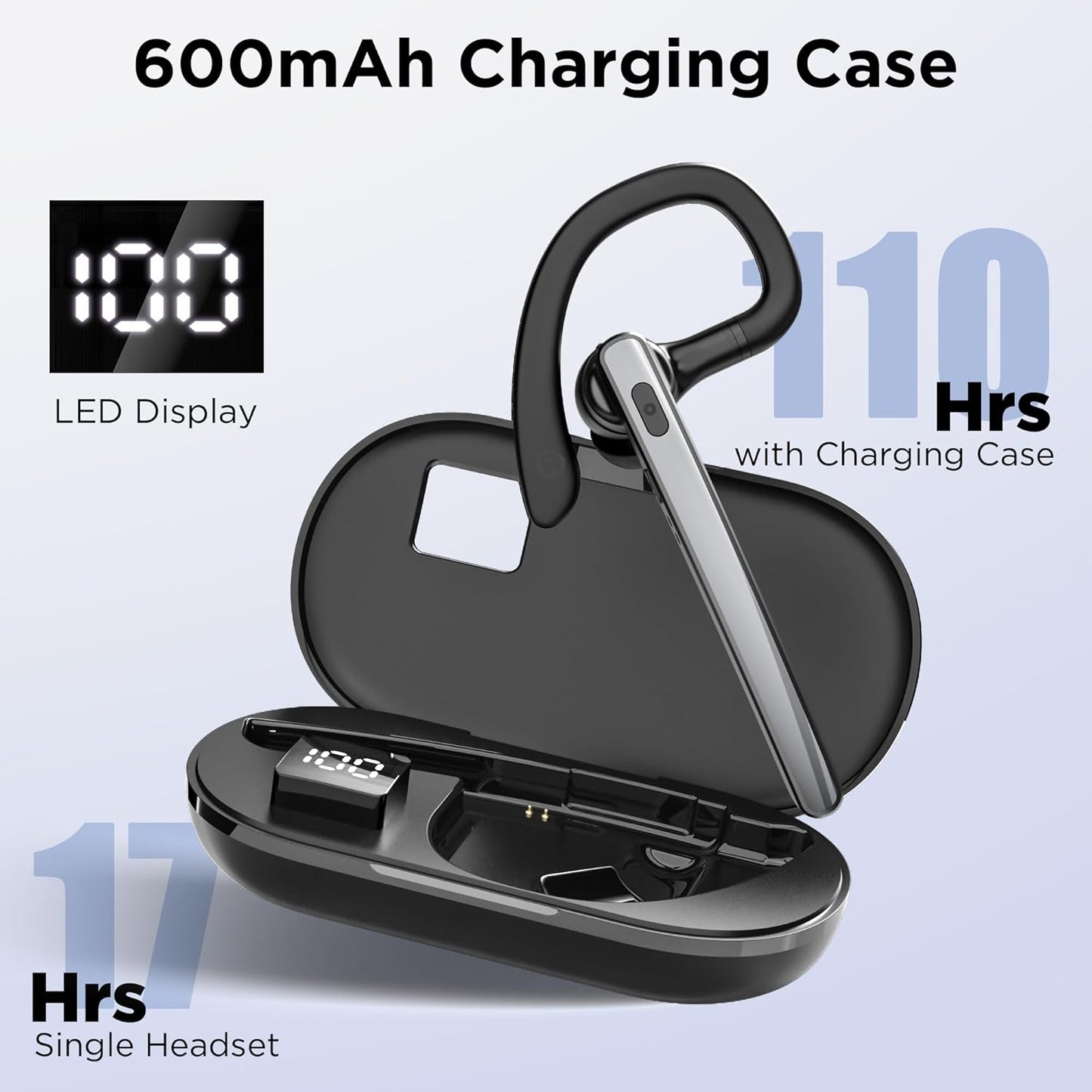 Auriculares Bluetooth V5.3, auricular Bluetooth inalámbrico con funda de carga de 600 mAh, tiempo de reproducción de 110 horas, auriculares manos libres para teléfono celular y computadora con micrófono integrado para trabajo, camionero, oficina