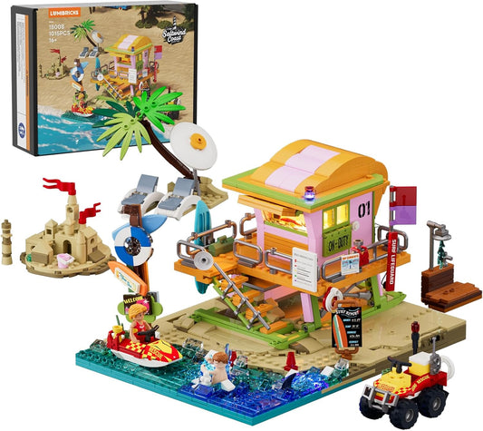 Juego de ladrillos de construcción de torre de salvavidas de playa, 1015 piezas, torre de salvavidas para viajes por carretera, juego de modelo de construcción para adultos y amantes de los