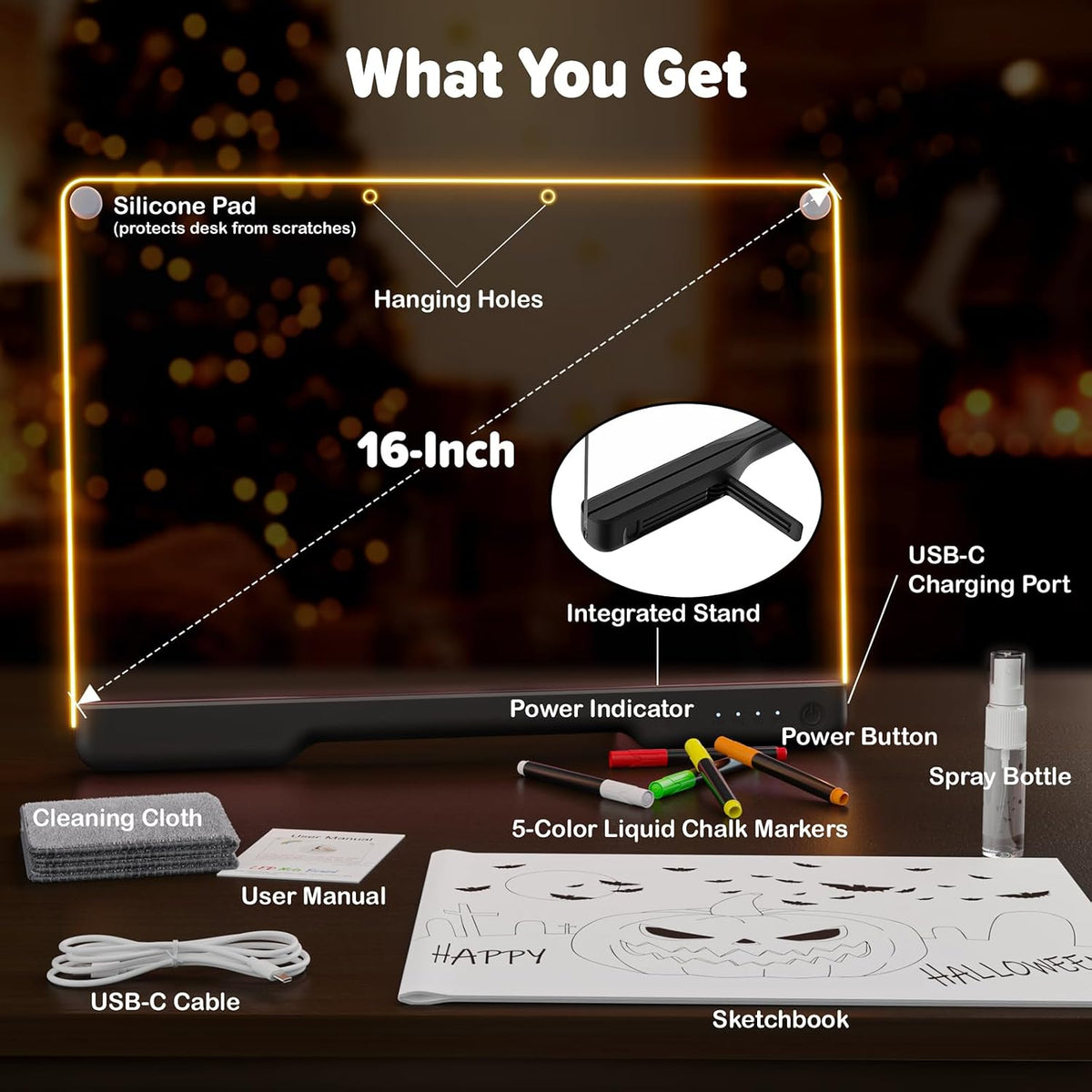 Tablero de notas LED Doodle Glow recargable de 16 pulgadas, 7 modos...