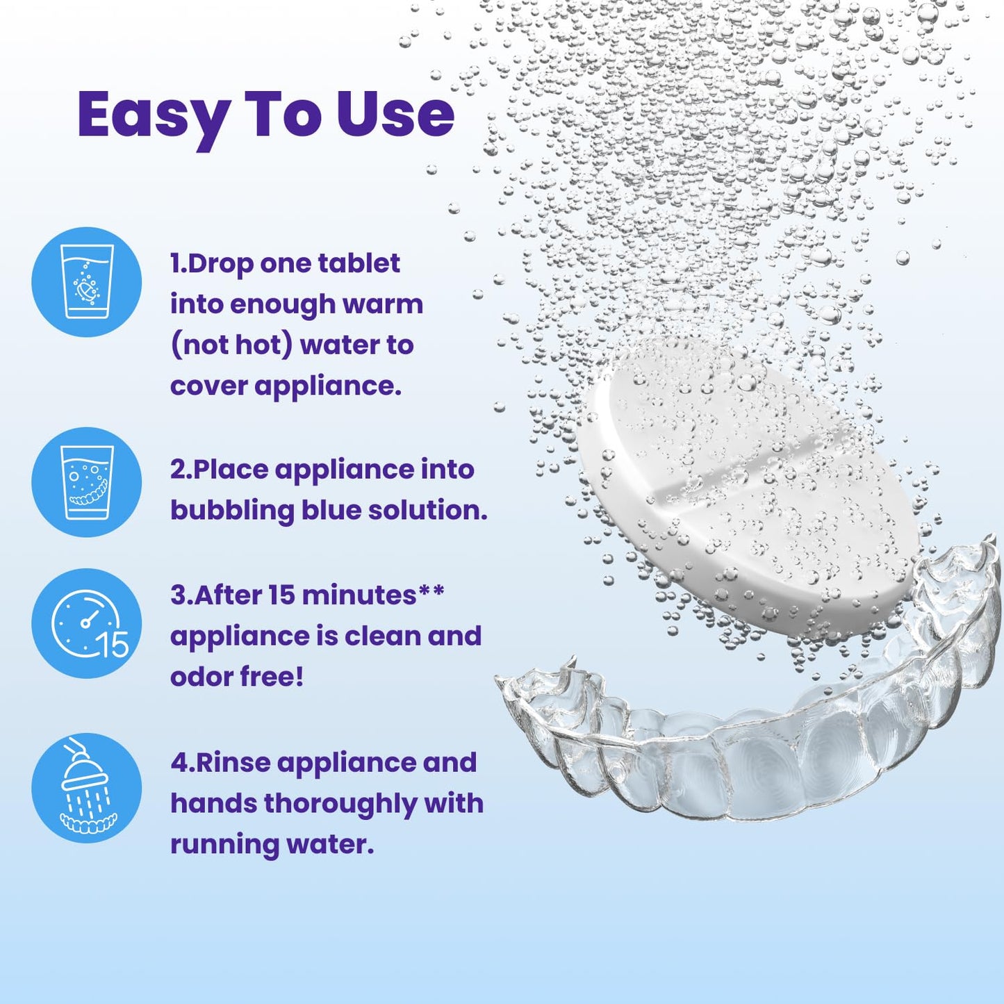 Retainer Brite Tabletas limpiadoras de retenedores para limpiadores ultrasónicos, utilizadas para limpiar Invisalign, protector bucal, protector nocturno y más, suministro de 4 meses, fabricado en