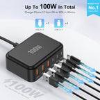 Cargador USB C Rápido, 100W GaN Estación de Carga de 6 Puertos Tipo...