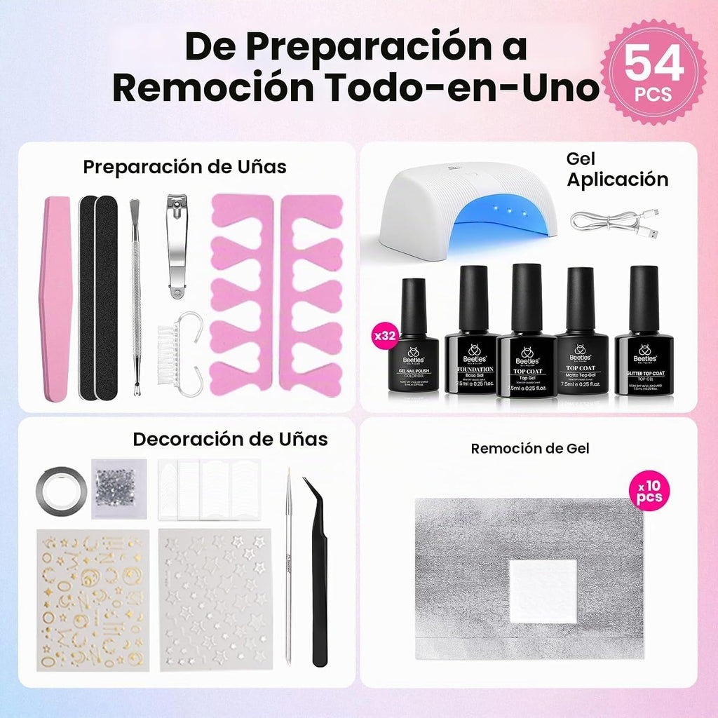 Beetles - Kit de esmalte de uñas de gel con luz UV, 54 piezas, 32 c...