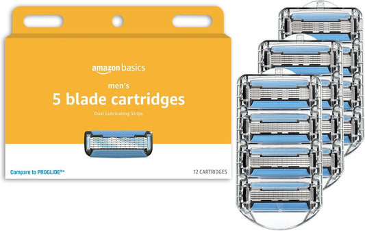Amazon Basics Recambios de maquinilla de afeitar de 5 cuchillas para hombres con doble lubricación, recortador de barba de precisión, afeitado cómodo, paquete de 12 unidades (solo se adapta a los