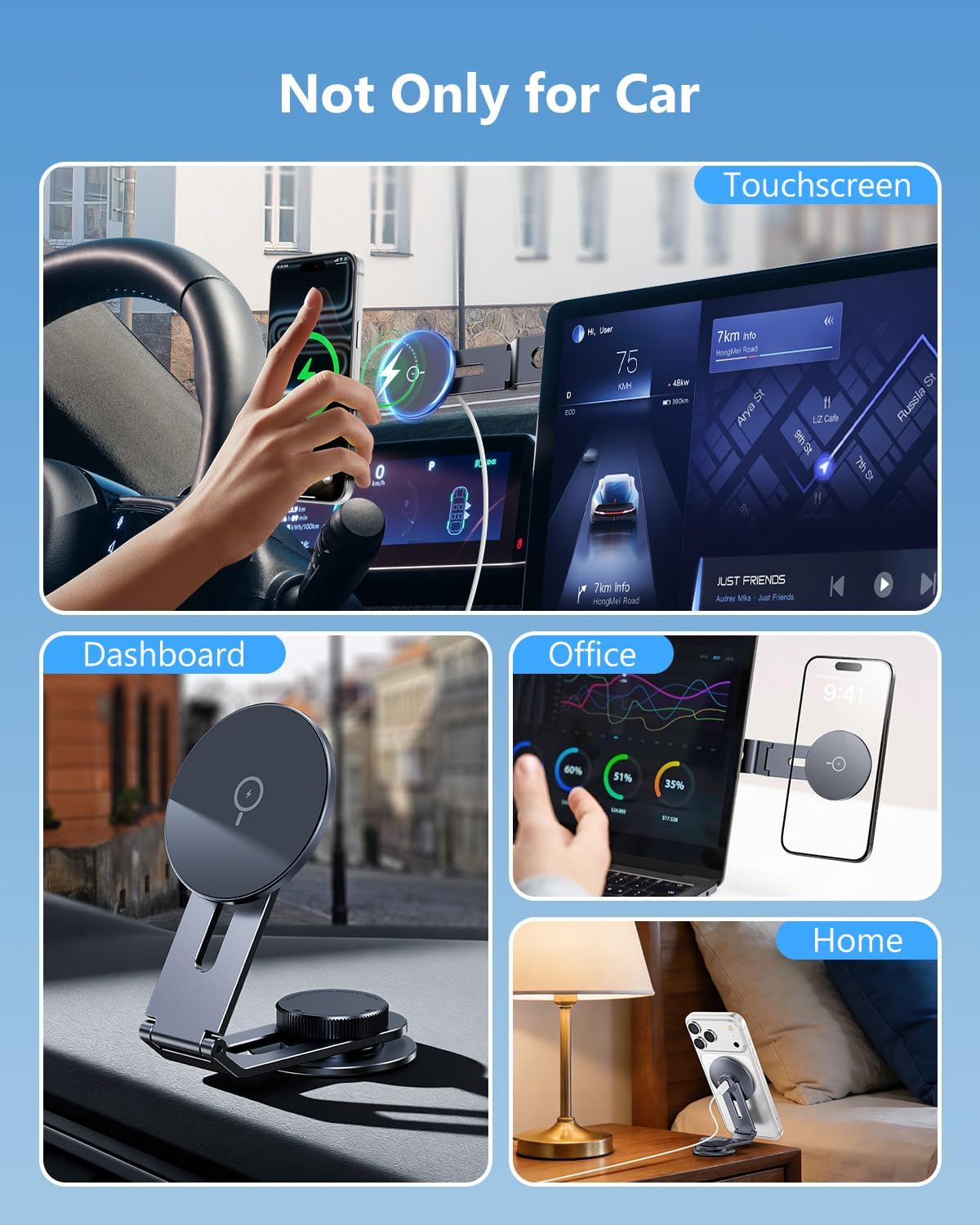 Cargador de soporte para teléfono Tesla: soporte inalámbrico de 15 W para Tesla Model 3/Y Accesorios 【 Imán N52 más fuerte + ajustable en 360° + diseño plegable? Soporte de coche para iPhone