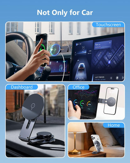 Cargador de soporte para teléfono Tesla: soporte inalámbrico de 15 W para Tesla Model 3/Y Accesorios 【 Imán N52 más fuerte + ajustable en 360° + diseño plegable? Soporte de coche para iPhone