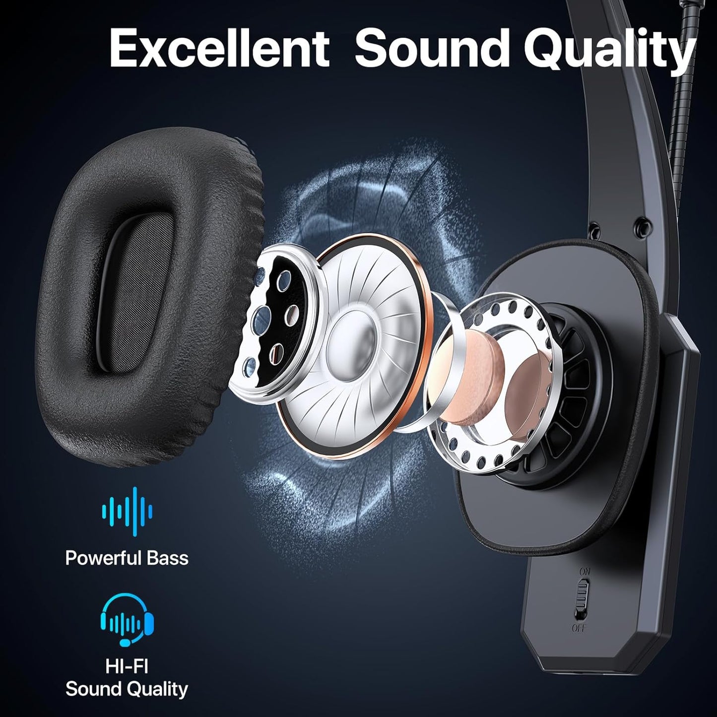 Trucker - Auriculares Bluetooth con micrófono, auriculares inalámbricos con micrófono de cancelación de ruido y botón de silencio, batería de 60 horas, auriculares Bluetooth sobre la cabeza para el trabajo, teléfono celular, laptop, oficina, negro