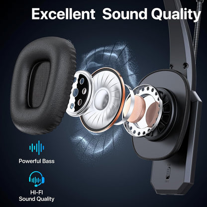 Trucker - Auriculares Bluetooth con micrófono, auriculares inalámbricos con micrófono de cancelación de ruido y botón de silencio, batería de 60 horas, auriculares Bluetooth sobre la cabeza para el trabajo, teléfono celular, laptop, oficina, negro