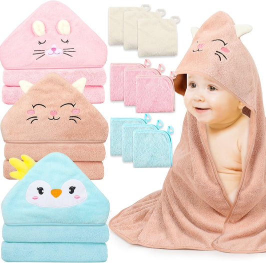 12 toallas de bebé con capucha, toallas suaves para bebé, toallas de baño absorbentes, 3 toallas de bebé y 9 paños de bebé para recién nacidos, niños pequeños y niños, toallas de bebé de 32 x 32