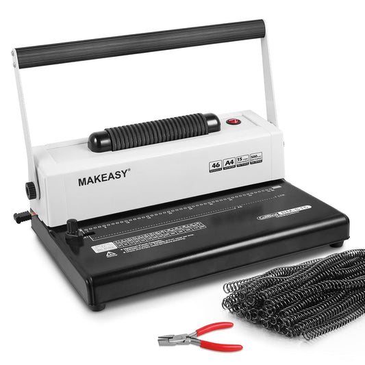 MAKEASY Máquina de Encuadernación en Espiral de Bobina - Perforadora Manual - Insertador de Bobina Eléctrico - Margen Lateral Ajustable - para Tamaño Carta/A4/A5, Viene con 1 Caja de Espinas de
