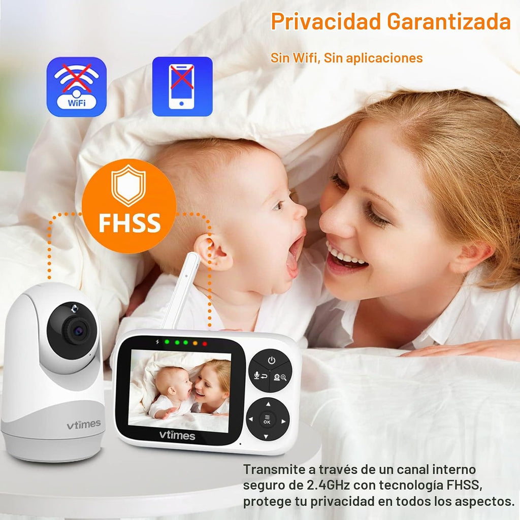 VTimes Monitor de bebé con cámara y audio, pantalla IPS de 3.2 pulg...