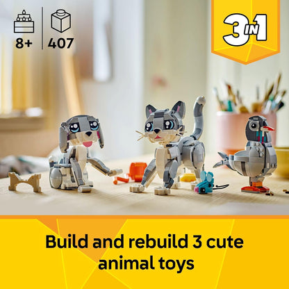 LEGO Creator 3 en 1 Juguete de Gato Juguetón - Juguete de Construcción con 3 Opciones de Construcción, Gato, Perro o Paloma - Regalo de Cumpleaños para Niños - Figuras de Animales para Niños, Niñas y
