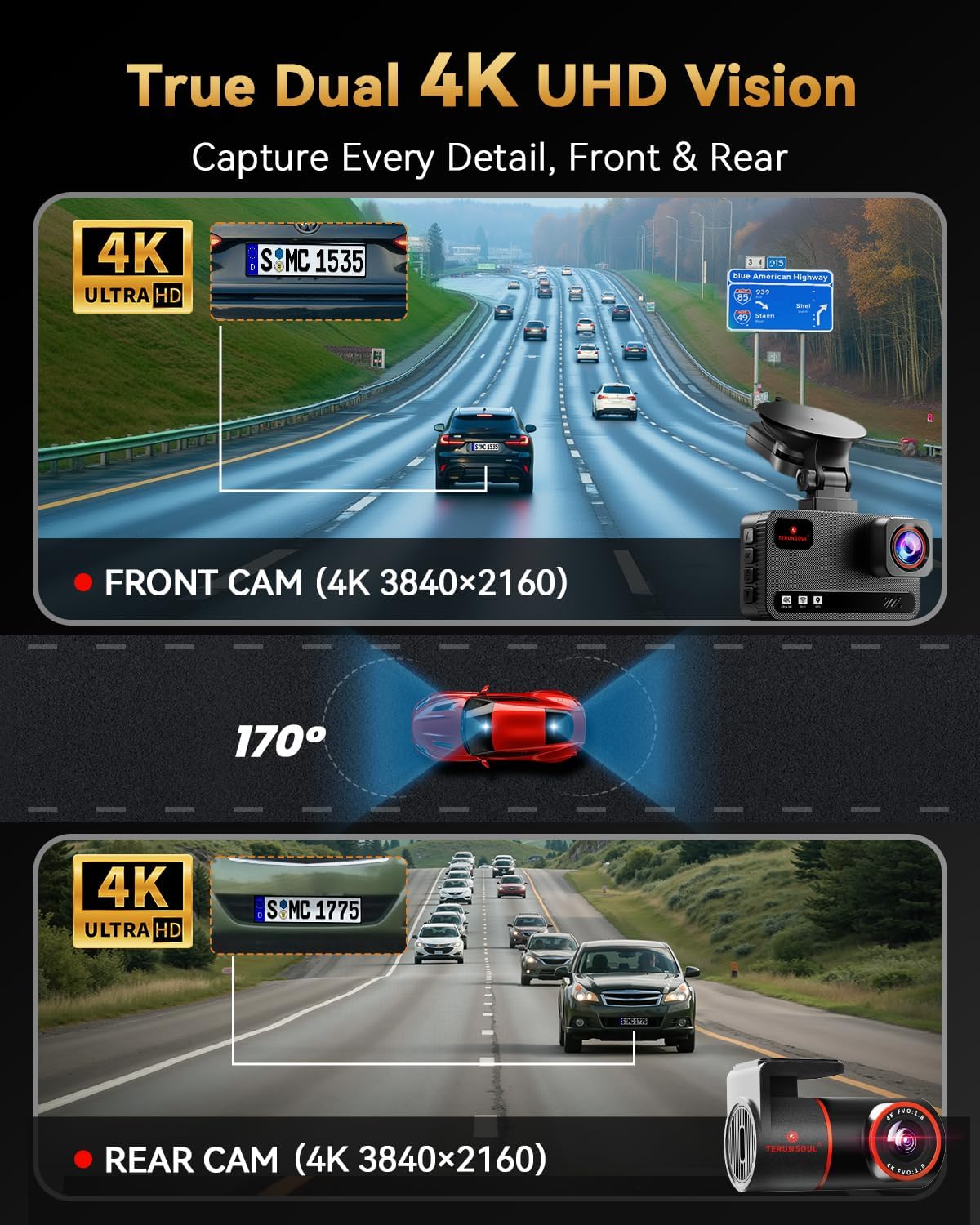 Cámara de tablero frontal y trasera 4K+4K, tarjeta gratuita de 128 GB incluida, cámara WiFi de 5.8 GHz para autos, GPS integrado, sensor G, gran angular de 170°, pantalla IPS de 3 pulgadas