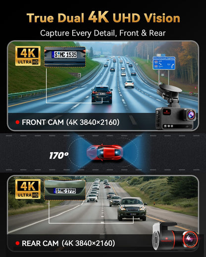 Cámara de tablero frontal y trasera 4K+4K, tarjeta gratuita de 128 GB incluida, cámara WiFi de 5.8 GHz para autos, GPS integrado, sensor G, gran angular de 170°, pantalla IPS de 3 pulgadas
