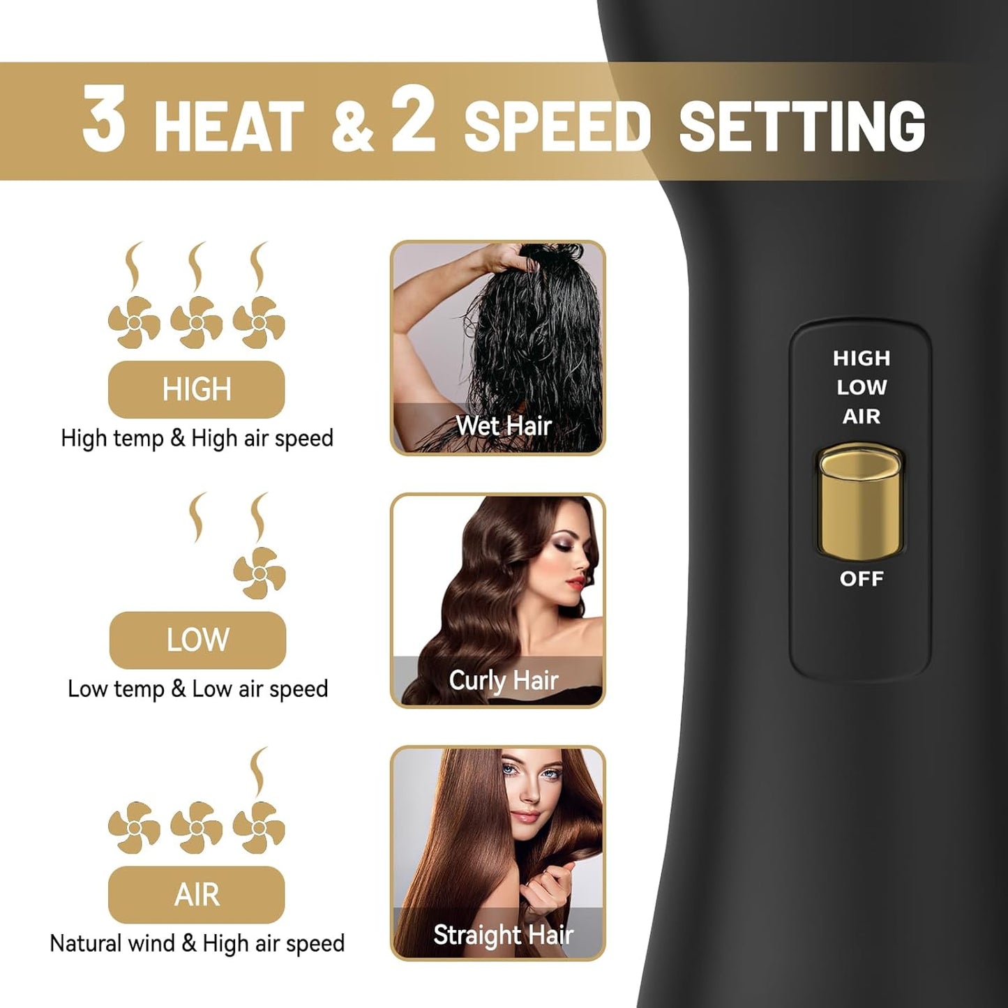Secador de pelo 4 en 1, cepillo secador de pelo, cepillo de aire caliente de 1000 W, secador de pelo voluminizador de un solo paso y estilizador, temperatura de 3 velocidades, moldeador de aire