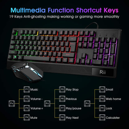 Rii, combo de teclado y mouse para juegos, teclado con cable USB, con 104 teclas, retroiluminación RGB LED con reposamuñecas para PC/Laptop (negro)