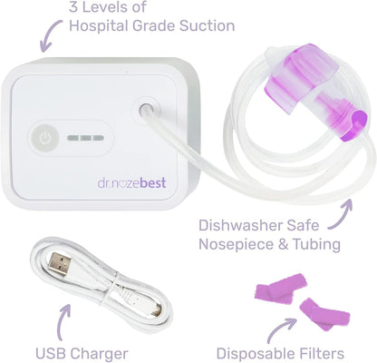 Dr. Noze Best Paquete del primer año del bebé | Aspirador nasal eléctrico para bebés diseñado por pediatras con pieza nasal para recién nacidos y 40 filtros | Registro de bebé esencial para aliviar la